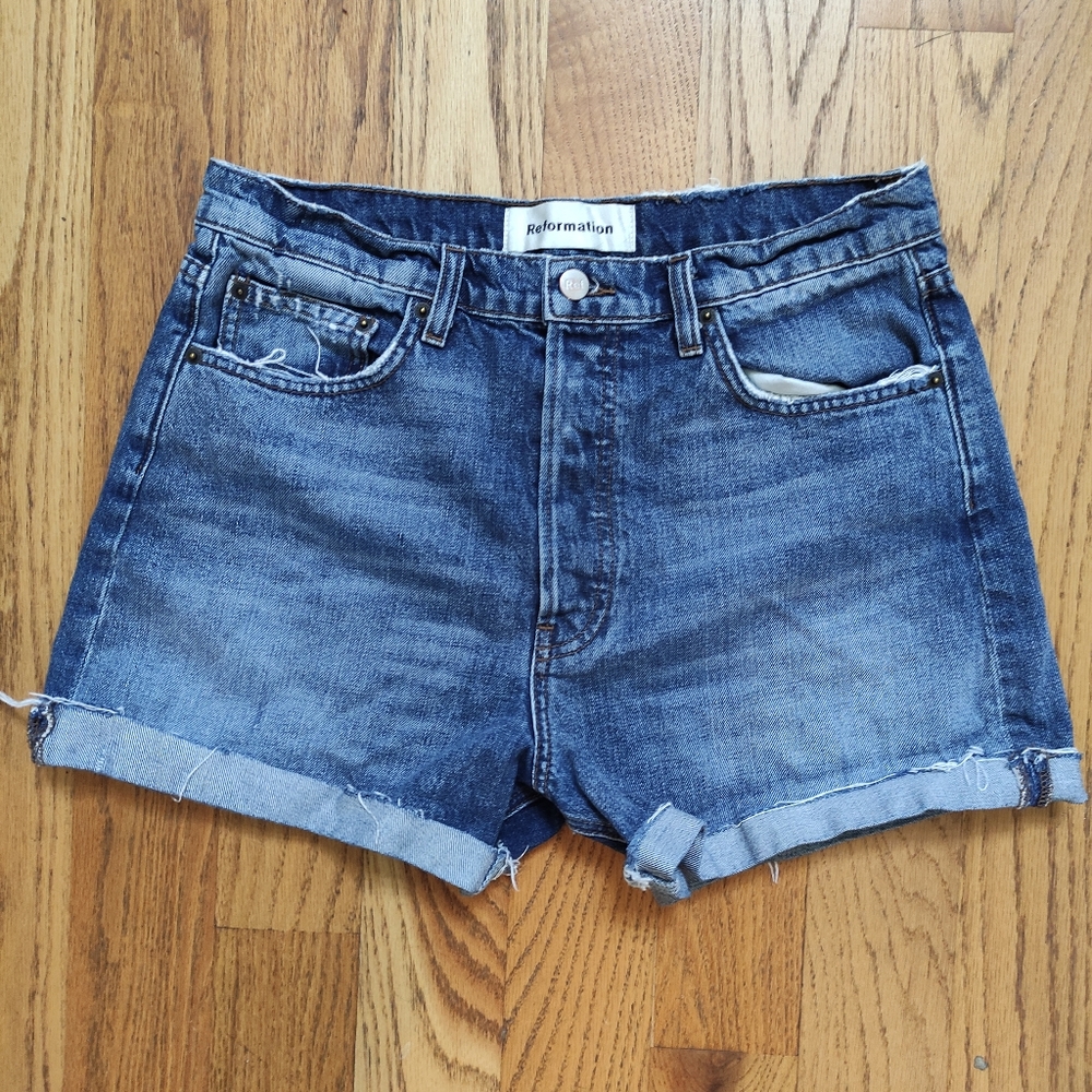 Reformation Lola High Rise Denim Cuff Jean Button Shorts Women's 29